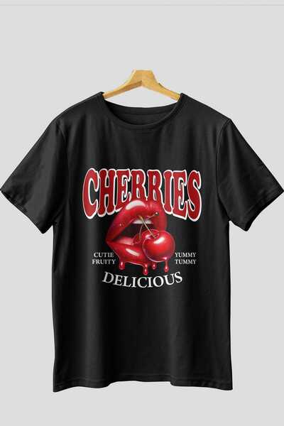 Ankhises Tricou oversize negru cu imprimeu Cherry Cherries 2 în față, pentru ...