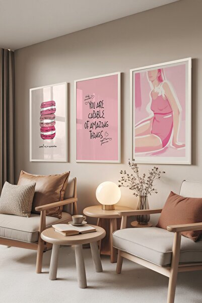 Postifull Beyaz Tablo Seti, 3 Adet Beyaz Çerçeveli Poster Pink Motivation Model No:300811, Pembe Duvar Dekoru