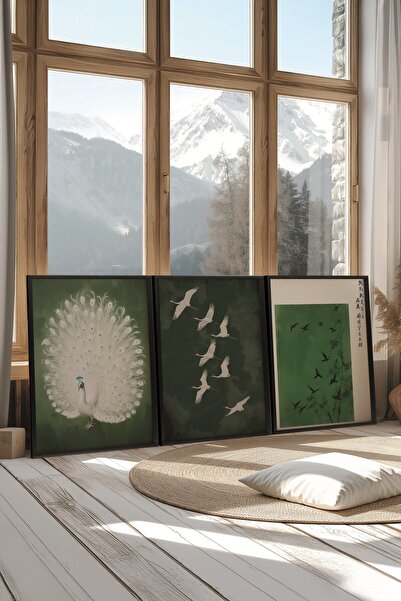 Postifull Siyah Tablo Seti, 3 Adet Siyah Çerçeveli Poster Green Art Model No:300817, Yeşil Duvar Dekoru