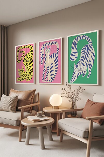 Postifull Set de picturi albe, 3 bucăți poster cu cadru alb Strech Cats Model Nr: 300806, decor de perete verde