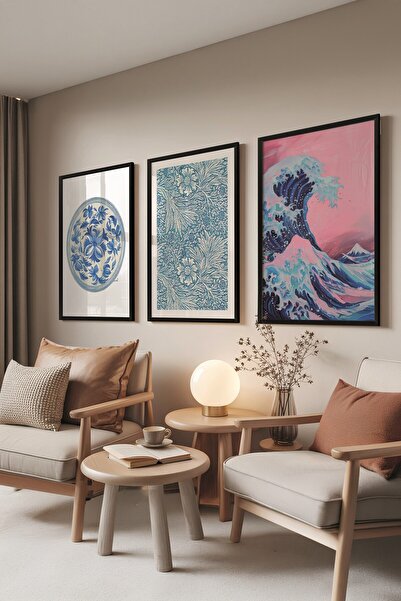 Postifull Siyah Tablo Seti, 3 Adet Siyah Çerçeveli Poster Hokusai Waves Model...