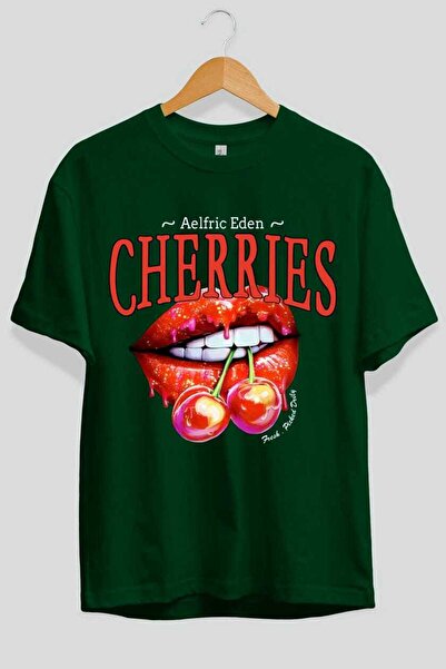 Ankhises Cherry Cherries 3 Tricou oversize verde cu imprimeu frontal Bărbați ...