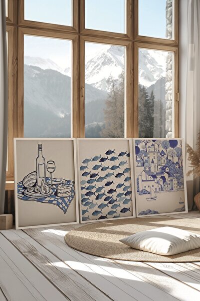 Postifull Beyaz Tablo Seti, 3 Adet Beyaz Çerçeveli Poster Minimal Blue Model No:300853, Mavi Duvar Dekoru