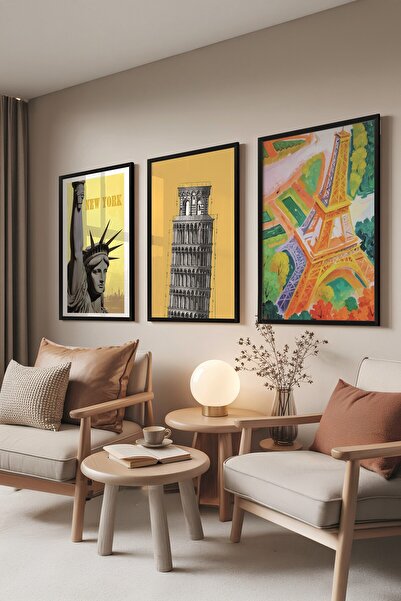 Postifull Siyah Tablo Seti, 3 Adet Siyah Çerçeveli Poster Colorfull Cities Mo...