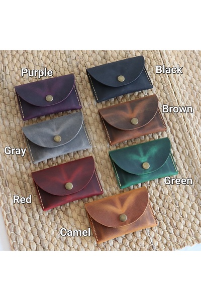 Derici Amca Handmade Leather Card Holder Wallet - Antique Snap Fastener Minimal Card Holder Wallet Tan