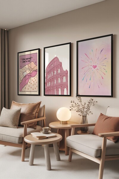 Postifull Siyah Tablo Seti, 3 Adet Siyah Çerçeveli Poster Time to Rest Model No:300803, Pembe Duvar Dekoru