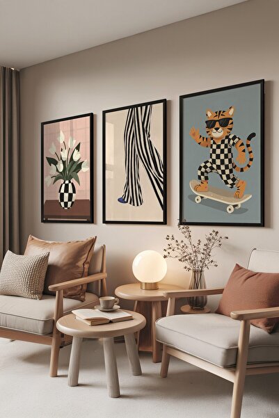 Postifull Siyah Tablo Seti, 3 Adet Siyah Çerçeveli Poster Skater Cat Model No...