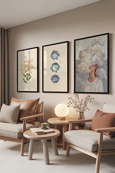 Postifull Siyah Tablo Seti, 3 Adet Siyah Çerçeveli Poster Cloudy Head Model N...