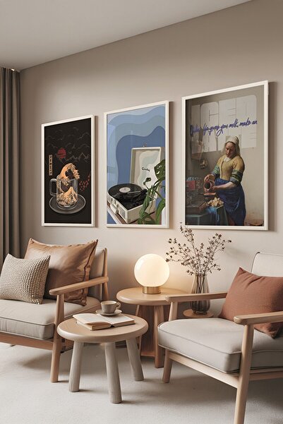 Postifull Beyaz Tablo Seti, 3 Adet Beyaz Çerçeveli Poster Coffee Corner Model No:300820, Mavi ve Kahve Dekor