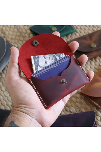 Derici Amca Handmade Leather Card Holder Wallet - Antique Snap Fastener Minimal Card Holder Wallet