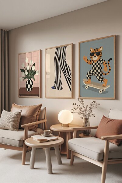 Postifull Ahşap Tablo Seti, 3 Adet Ahşap Çerçeveli Poster Skater Cat Model No...