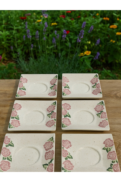 Piatti Naturali Set of 6 Tea Plates Rosita Rose Pattern – Handmade Ceramic Coasters, Pink Rose Motif