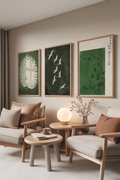 Postifull Ahşap Tablo Seti, 3 Adet Ahşap Çerçeveli Poster Green Art Model No:...