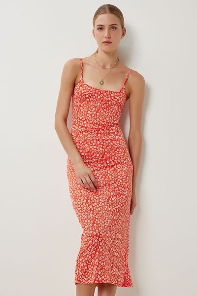 Lovelyİstanbul Patterned Summer Knitted Dress with Strap Lub0179 Oranj