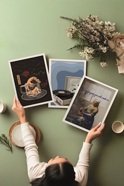 Postifull Beyaz Tablo Seti, 3 Adet Beyaz Çerçeveli Poster Coffee Corner Model No:300820, Mavi ve Kahve Dekor