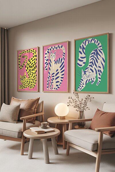 Postifull Set de pictură din lemn, 3 bucăți poster cu rame din lemn Strech Cats Model Nr.: 300806, decor de perete verde