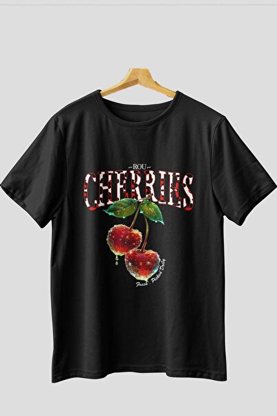 Ankhises Tricou oversize negru cu imprimeu Cherry Cherries 7 în față, pentru ...