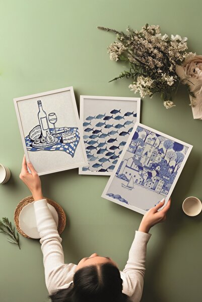 Postifull Beyaz Tablo Seti, 3 Adet Beyaz Çerçeveli Poster Minimal Blue Model No:300853, Mavi Duvar Dekoru
