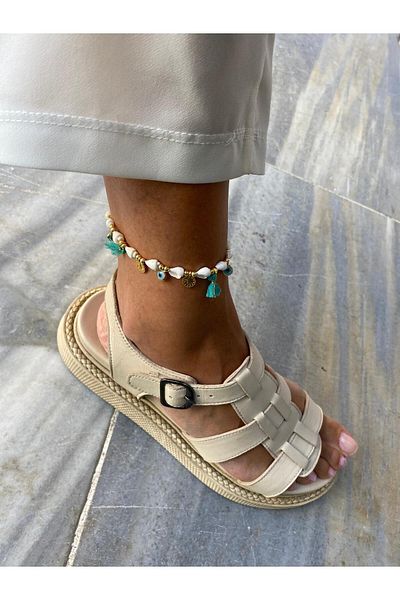 marsel aksesuar Evil Eye Beaded Sequins Round Stone Beige Turquoise Colored Anklet