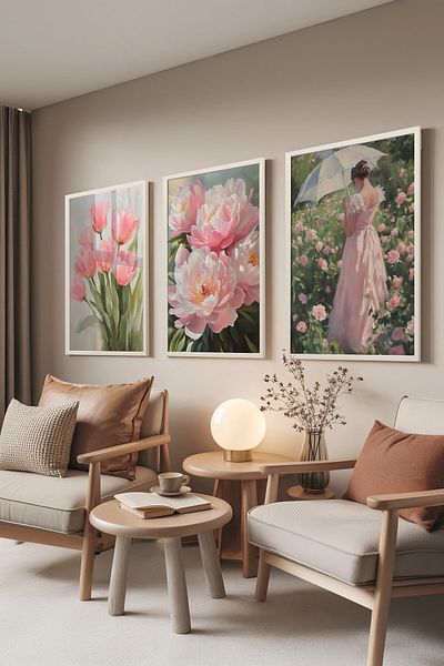 Postifull White Painting Set, 3 Pieces White Framed Poster Pinky Flower Model No:300894, Pink Wall Decor