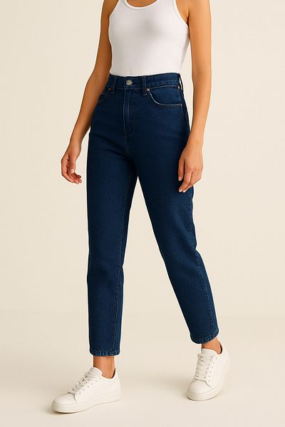 DELDNM Serel Navy Blue Women's High Waist Lycra Mom Jean Trousers - Daily Comfortable Fit