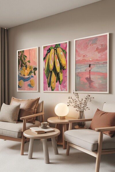 Postifull White Painting Set, 3 Pieces White Framed Poster Wine and Table Mod...