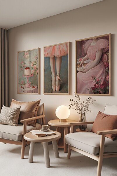 Postifull Set de pictură din lemn, poster cu rame din lemn 3 bucăți Tort cu căpșuni Model nr: 300892, decor de perete roz