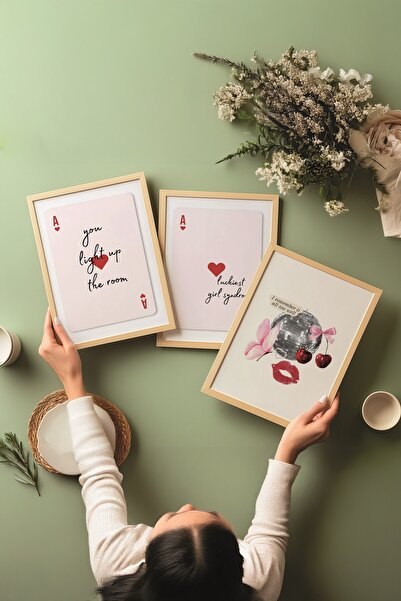 Postifull Wooden Painting Set, 3 Pieces Wooden Framed Poster Lucky Girl Model No:300895, Red Wall Decor