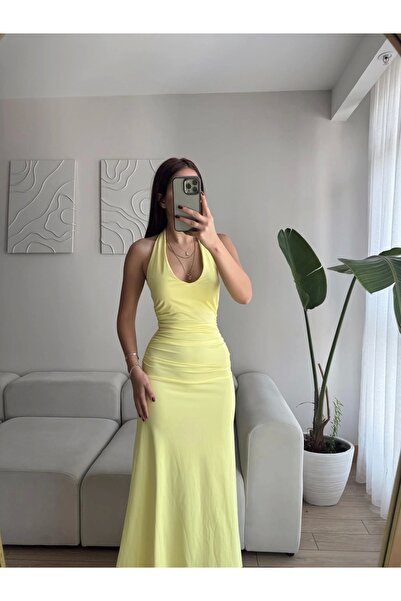 Zoom Butik Boyun Bağlamalı Maxi Elbise - SARI