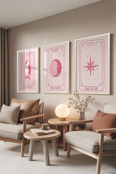 Postifull White Painting Set, 3 Pieces White Framed Poster Tarot Cards Model No:300898, Pink Wall Decor