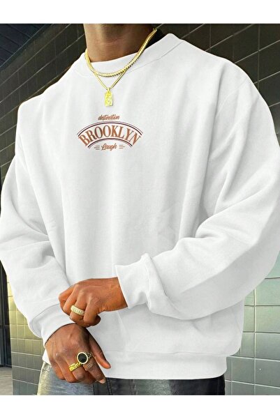 kahire Λευκό ανδρικό φούτερ με στάμπα Brooklyn Oversize Crew Neck