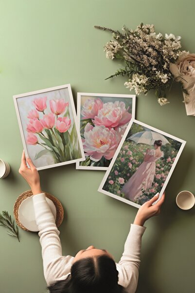 Postifull White Painting Set, 3 Pieces White Framed Poster Pinky Flower Model No:300894, Pink Wall Decor