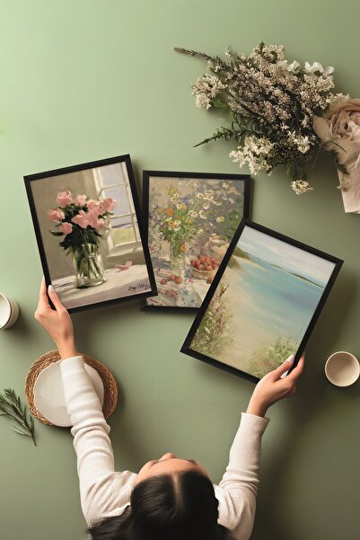 Postifull Black Painting Set, 3 Pieces Black Framed Poster La Vie En Rose Model No:300877, Pink Wall Decor