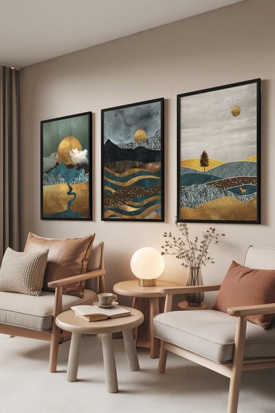 Postifull Siyah Tablo Seti, 3 Adet Siyah Çerçeveli Poster Sun by the Mountain Model No:300884, Duvar Dekoru