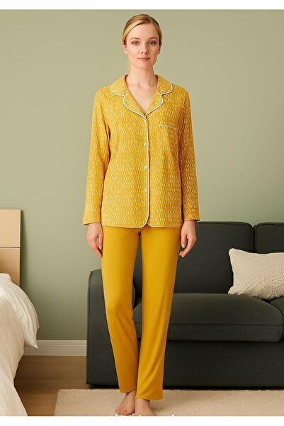 Nena Uzun Kollu %100 Pamuk Yakalı Pijama Takımı Hardal