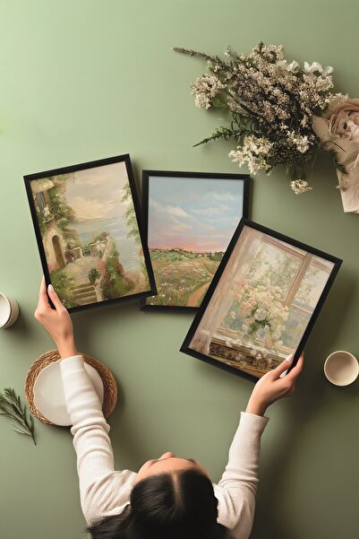 Postifull Siyah Tablo Seti, 3 Adet Siyah Çerçeveli Poster roses blanches Model No:300878, Yeşil Duvar Dekoru