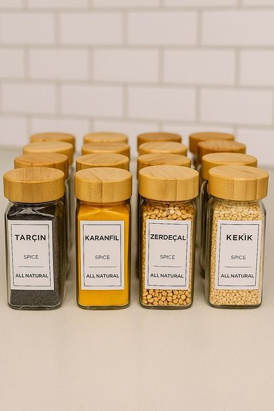 Dia Set of 12 Modern Spice Jars with Bamboo Lid Square Set with Labels