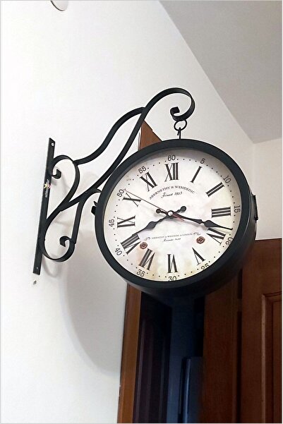 M3DECORİUM Büyük 45cm Sessiz Yuvarlak Çelik Çift Taraflı Cam Dikey İki Yönlü İstasyon Duvar Saati Station Clock