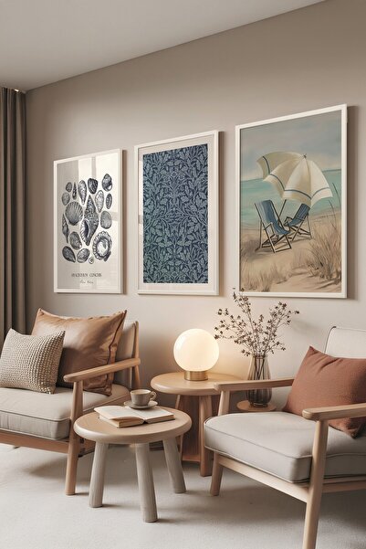 Postifull Set de pictură albă, 3 bucăți scaune poster cu cadru alb pe plajă M...