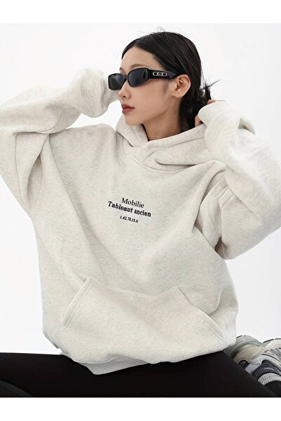 kahire سويت شيرت رمادي مطبوع للجنسين بأكمام طويلة وجيب الكنغر وغطاء رأس رياضي...