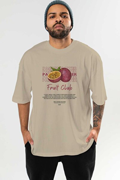 Ankhises Passionflower μπροστινό εμπριμέ μπεζ μπλουζάκι υπερμεγέθη ανδρικό γυναικείο βαμβακερό μπλουζάκι με λαιμόκοψη