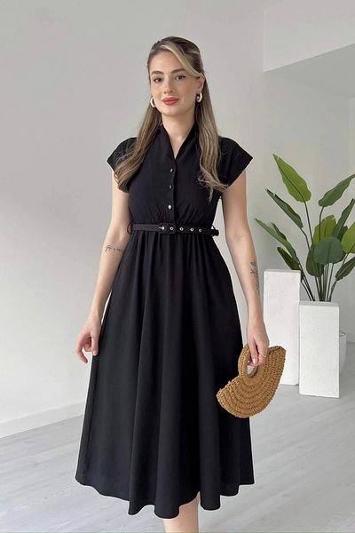 Aventien Black Midi Dress with Judge Collar Belt