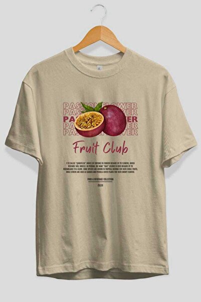 Ankhises Passionflower μπροστινό εμπριμέ μπεζ μπλουζάκι υπερμεγέθη ανδρικό γυναικείο βαμβακερό μπλουζάκι με λαιμόκοψη