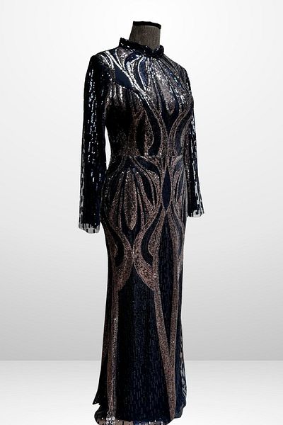 By Saygı Women's Stand Collar Sequin Embroidered Lined Plus Size Long Dress