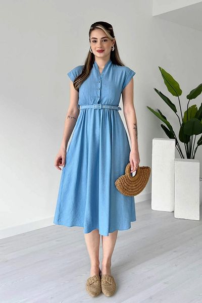 Aventien Blue Midi Dress with Judge Collar Belt