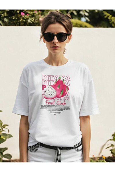 Ankhises Pitaya μπροστινό εμπριμέ λευκό μπλουζάκι υπερμεγέθους ανδρικό γυναικ...