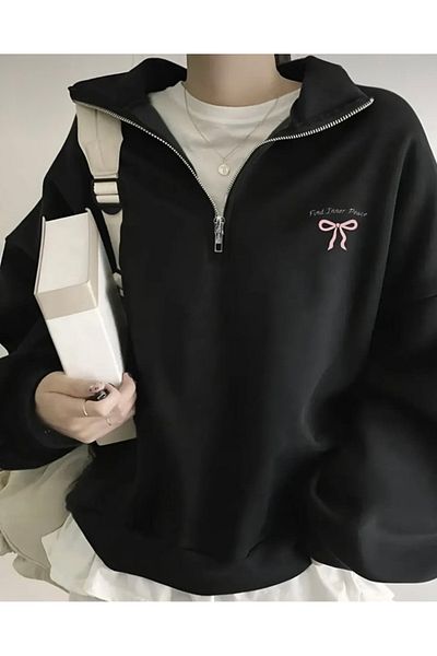 BYMEER Bow Printed Black Stand Collar Zippered Sweatshirt