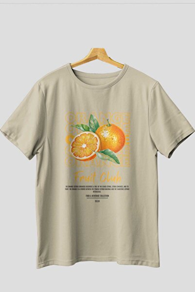 Ankhises Πορτοκαλί μπροστινό εμπριμέ μπεζ μπλουζάκι Oversize Ανδρικό Γυναικείο Βαμβακερό μπλουζάκι με λαιμόκοψη