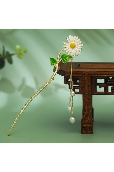 GÜLPEŞE Gold Color Daisy Detailed Bowknot Pencil Buckle Chinese Stick Japanese Buckle
