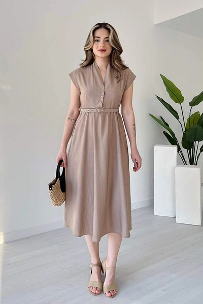 Aventien Beige Midi Dress with Judge Collar Belt